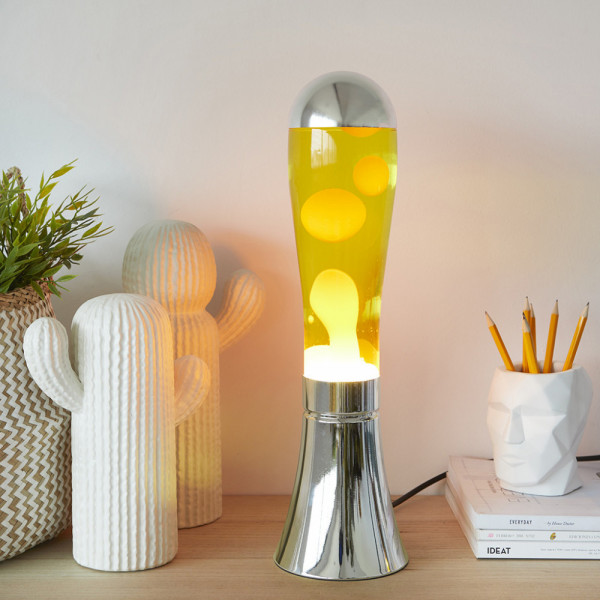 Lampe lave socle argent bulles jaunes