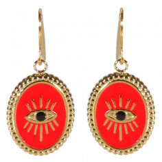 Boucle d'Oreille Dorée à Médaille Rouge avec Oeil de Turquie