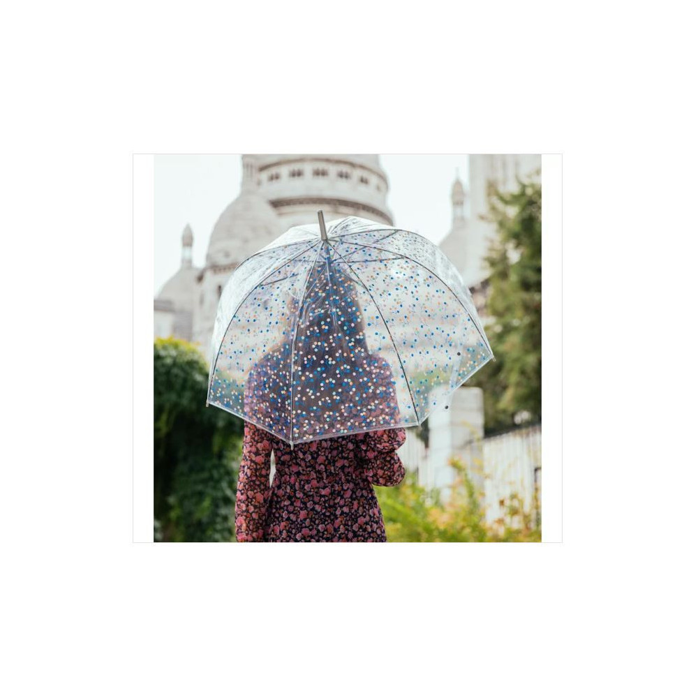 Parapluie Canne Transparent Imprimé Feuilles Vertes - Ouverture Automatique - Poignée En Bois - Diamètre 93 Cm - Pour Femme